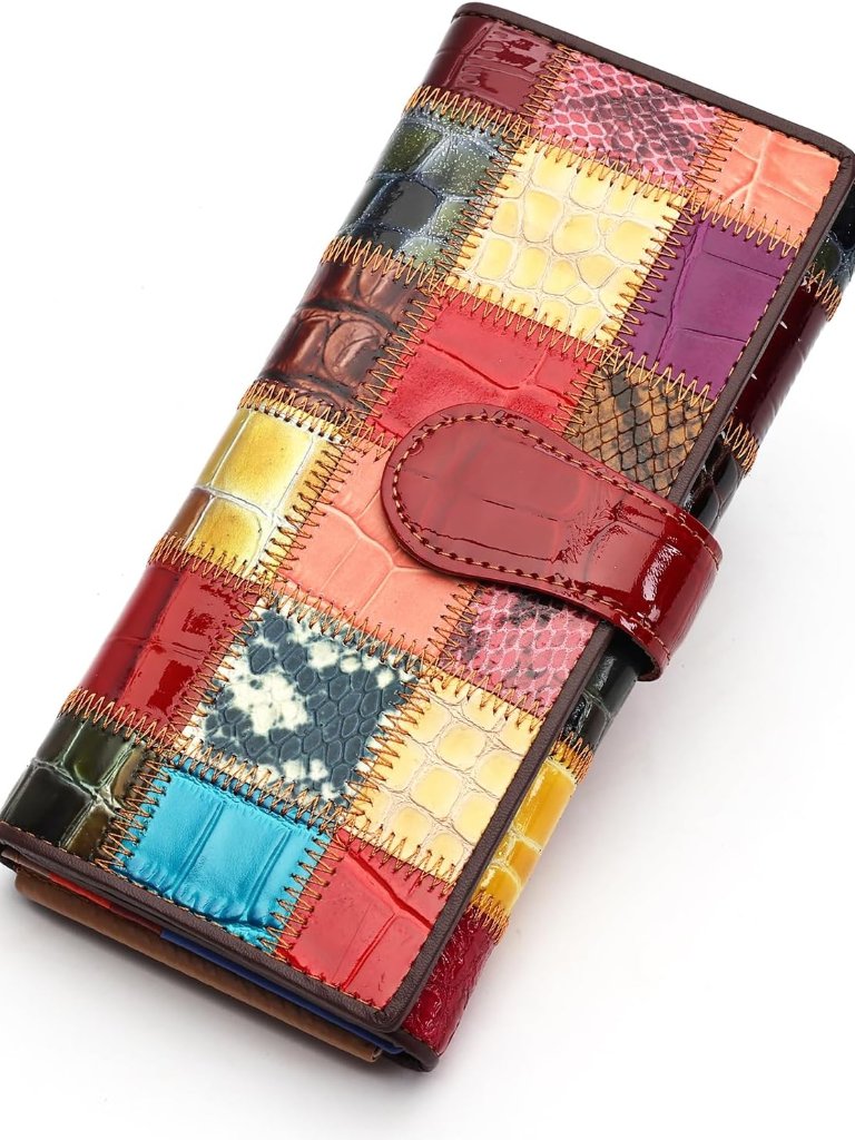 Genuine Leather Patchwork Wallet For Women Multicolor Trifold Wallets Ladies Car